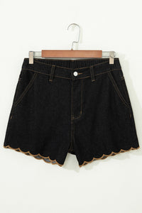Black Embroidered Scalloped Trim Relaxed Denim Shorts