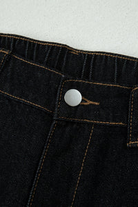 Black Embroidered Scalloped Trim Relaxed Denim Shorts
