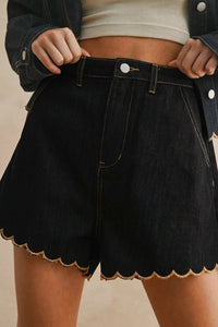 Women's Relaxed Fit Black Embroidered Denim Shorts with Scalloped Trim for Effortless Summer Style and Comfort
