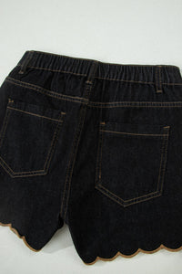 Black Embroidered Scalloped Trim Relaxed Denim Shorts
