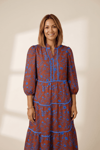 Women's Relaxed Fit Brown Floral Tiered Dress with 3/4 Puff Sleeves Effortless Style for Everyday Comfort