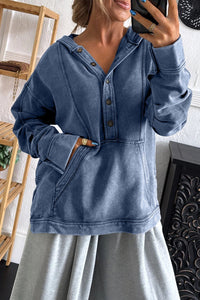 
Women's Relaxed Fit Dark Grey Mineral Wash Hoodie with Seam Detail & Half Button - Stylish Casual Sweatshirt