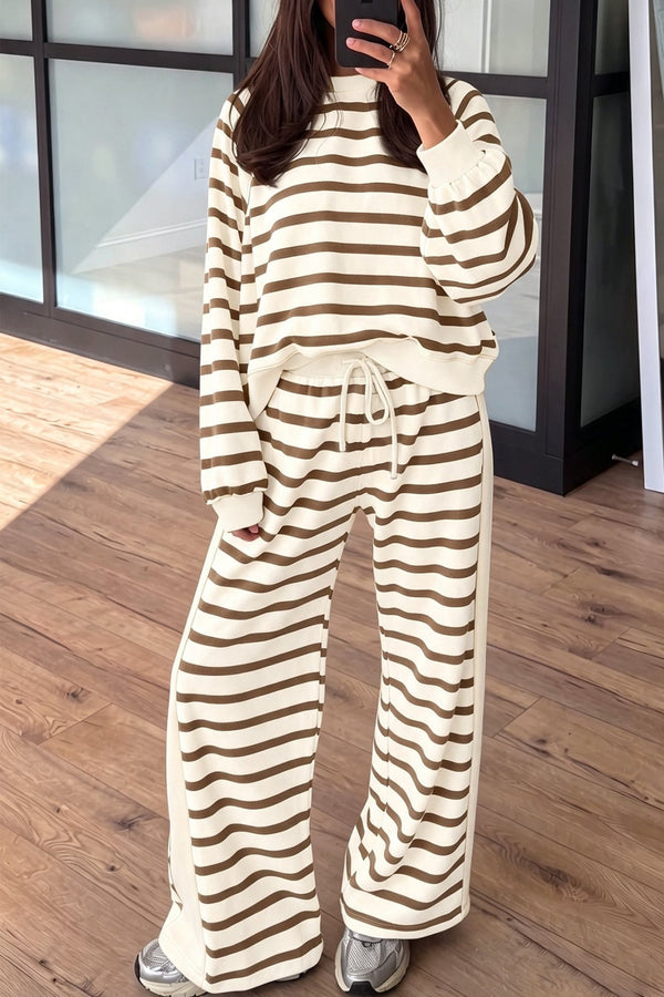 Women's Relaxed Fit Khaki Stripe Color Block Long Sleeve Top & Drawstring Pants Set - Casual Chic Loungewear Outfit