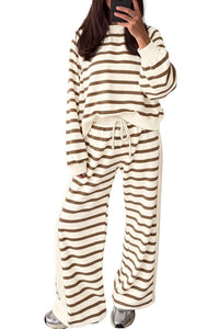 $15.35 Khaki Stripe Relaxed Long Sleeve Top Color Block Detail Drawstring Pant Set Wholesale