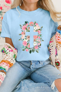 Women's Relaxed Fit Light Blue Floral Faith Graphic Tee - Soft Cotton Blend for Spring and Easter Celebrations