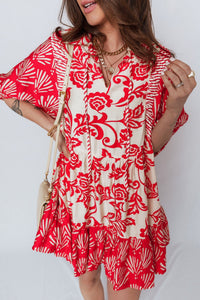 Red Collared V Neck Half Sleeve Loose Flower Mini Dress