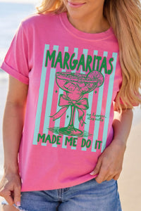 Women's Relaxed Fit Rose Red Striped Graphic Tee - "Margaritas Made Me Do It" Summer Beach Vacation Top