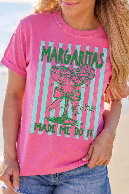 Women's Relaxed Fit Rose Red Striped Graphic Tee - "Margaritas Made Me Do It" Summer Beach Vacation Top