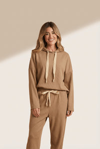 Women's Relaxed Ribbed Knit Hoodie and Jogger Set in Camel