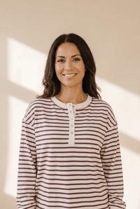 
Women's Relaxed Striped Henley Top in Red Dahlia and Cream with practical styling and dependable silhouette control.
