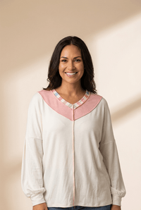 Women's Relaxed V-Neck Patchwork Top with Rainbow Stripe Detail