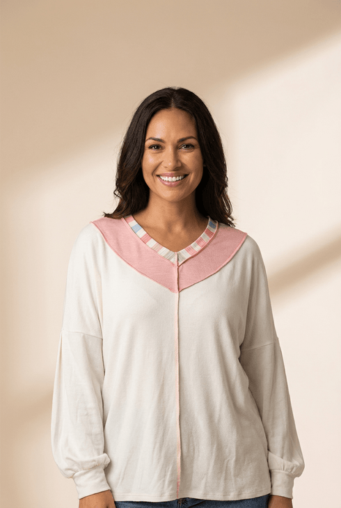 Women's Relaxed V-Neck Patchwork Top with Rainbow Stripe Detail