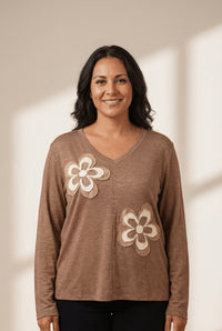 Women's Relaxed V-Neck Top with Raw-Edge Floral Appliques