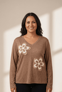 
Women's Relaxed V-Neck Top with Raw-Edge Floral Appliques