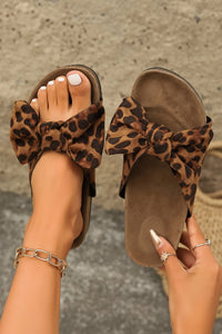 
Women's Retro Leopard Print Bow Cork Slippers in Coffee - Stylish Comfort Footwear for Trendy Fashion Lovers