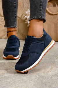 Women's Retro Navy Blue Faux Suede Jogger Sneakers - Stylish, Comfortable Footwear with Trendy Patchwork Design