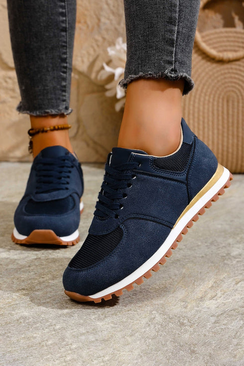 Women's Retro Navy Blue Faux Suede Jogger Sneakers - Stylish, Comfortable Footwear with Trendy Patchwork Design