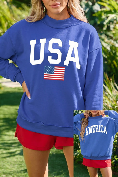 Women's Reversible Dark Blue Mock Neck Sweatshirt with USA Graphic - Cozy Casual Style for Everyday Comfort