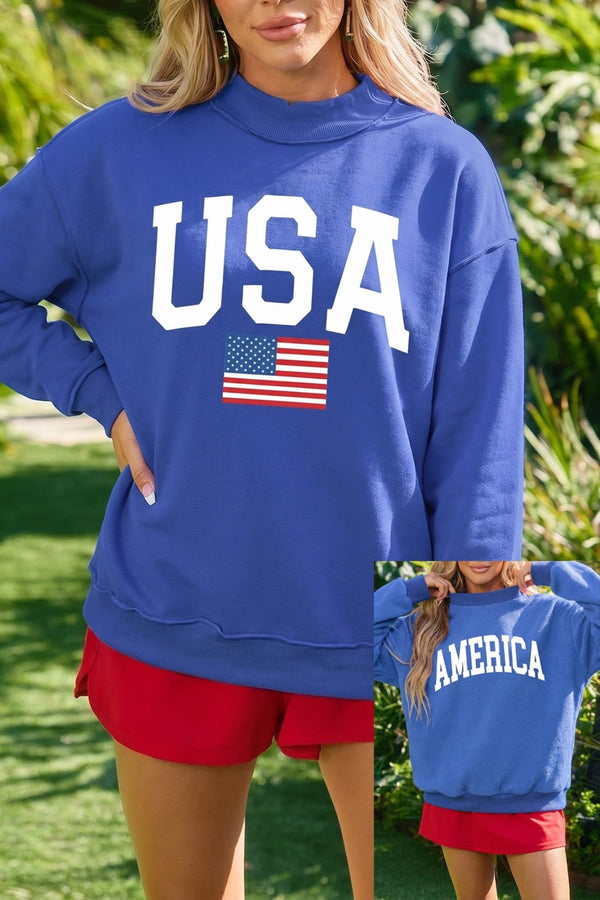 Women's Reversible Dark Blue Mock Neck Sweatshirt with USA Graphic - Cozy Casual Style for Everyday Comfort