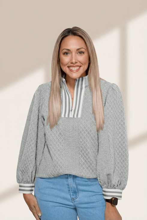 Women's Rhombus Knit Zip-Neck Pullover in Light Grey Heather