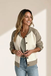 Women's Ribbed Color-Block Bomber Cardigan in Cream and Taupe