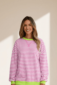 Women's Rose and Lime Striped Oversized Cotton Sweatshirt with practical styling and dependable silhouette control.