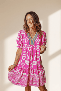 Women's Rose Boho Flared V-Neck Midi Dress with Contrast Trim