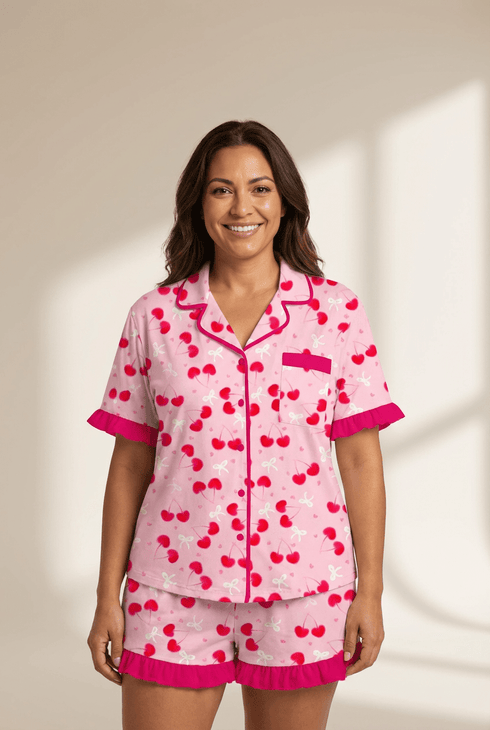 Women's Rose Cherry Heart Print Pajama Set with Ruffled Edges
