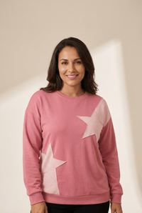 Women's Rose Pink Contrast Star Patchwork Pullover Sweatshirt