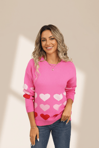 Women's Rose Pink Heart Pattern Drop Shoulder Knit Sweater