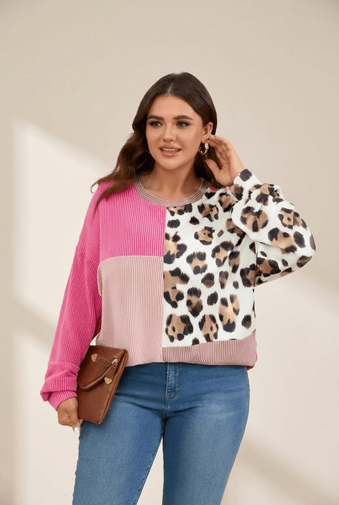 Women's Rose Pink Leopard Colorblock Plus Size Top