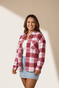 
Women's Rose Plaid Flannel Shacket - Brushed Soft Fabric