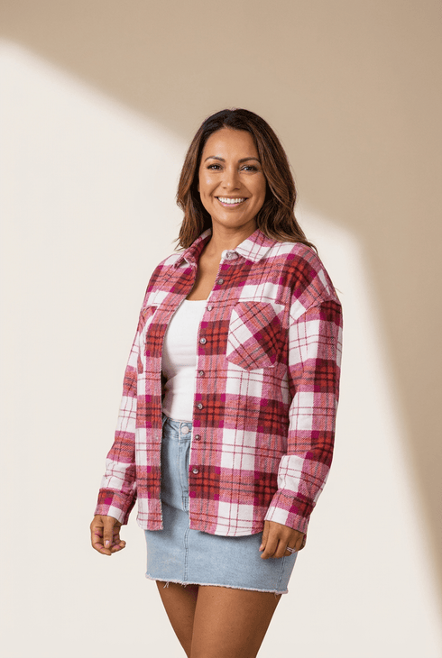 Women's Rose Plaid Flannel Shacket - Brushed Soft Fabric