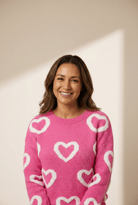 
Women's Rose Red Chenille Heart Knit Sweater in Sweaters