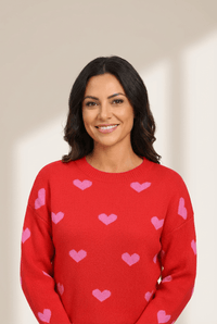 Women's Rose Red Heart Intarsia Knit Sweater with Drop Shoulder