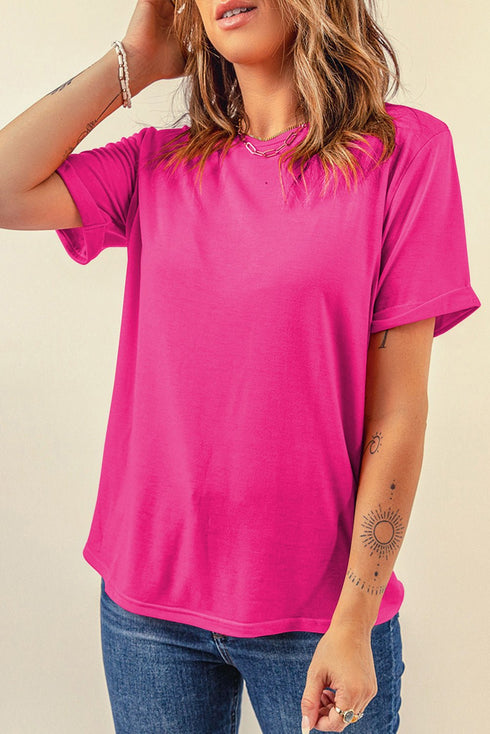Women's Rose Red Soft Cotton Crew Neck T-Shirt - Relaxed Fit Casual Top for Effortless Everyday Style