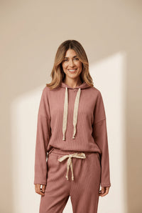 Women's Rose Tan Ribbed Knit Hoodie and Tapered Pants Set