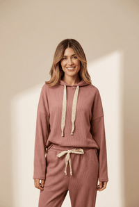Women's Rose Tan Ribbed Knit Hoodie and Tapered Pants Set