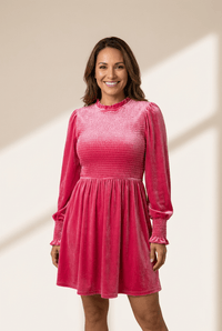 Women's Rose Velvet Smocked Bodice Dress with Ruffle Neck