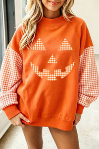 Women's Russet Orange Plaid Sleeve Halloween Pumpkin Graphic Sweatshirt