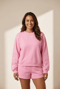 Women's Sachet Pink Bow Embroidered Sweatshirt and Shorts Set