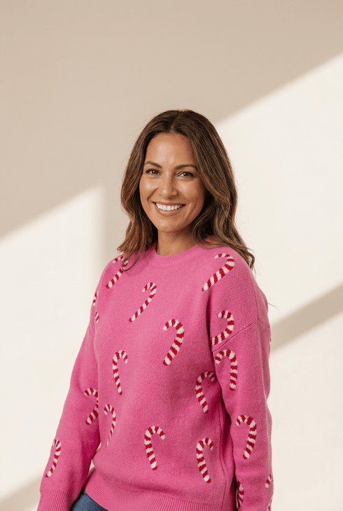 Women's Sachet Pink Candy Cane Intarsia Knit Holiday Sweater