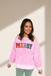 Women's Sachet Pink Chenille MERRY Sequin Graphic Pullover