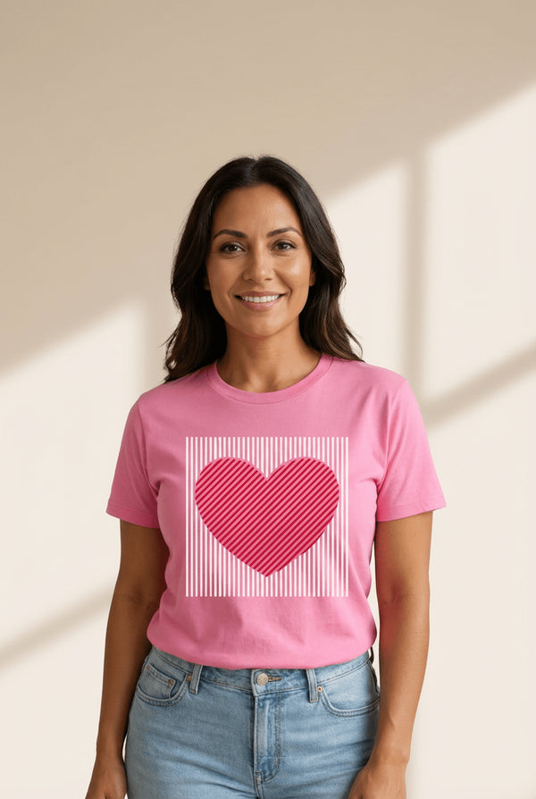 Women's Sachet Pink Heart Graphic Tee with Striped Detail