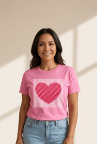 Women's Sachet Pink Heart Graphic Tee with Striped Detail