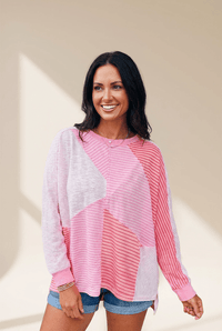 Women's Sachet Pink Patchwork Striped Long Sleeve Knit Top