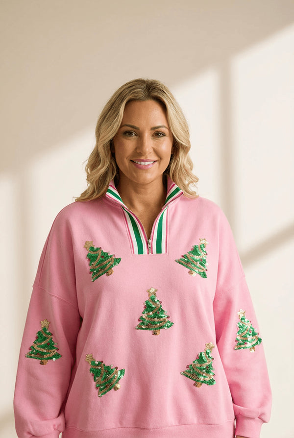 Women's Sachet Pink Sequin Christmas Tree Quarter-Zip Sweatshirt