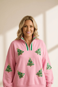 Women's Sachet Pink Sequin Christmas Tree Quarter-Zip Sweatshirt