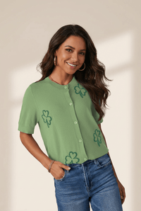 Women's Sage Green Clover Jacquard Short Sleeve Cardigan