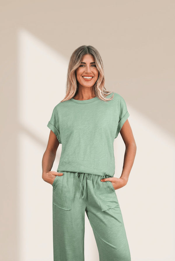Women's Sage Green Cotton-Blend Cuffed Tee and Wide-Leg Pant Set